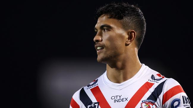 PENRITH, AUSTRALIA – MAY 12: Joseph-Aukuso Suaalii of the Roosters looks on during the warm-up before the round 11 NRL match between Penrith Panthers and Sydney Roosters at BlueBet Stadium on May 12, 2023 in Penrith, Australia. (Photo by Mark Kolbe/Getty Images)