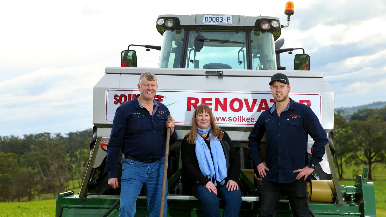 Farmer and inventor Niels Olsen with his wife, Marja, and their son, Jamie, on their Hallora cattle farm in South Gippsland. Picture: Andy Rogers