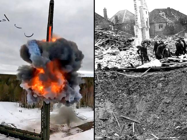 The first V-2 rocket struck Chiswick, London, in September 1944, with 13 casualties. Left, Russia test-fires an ICBM. Picture composite: The Times