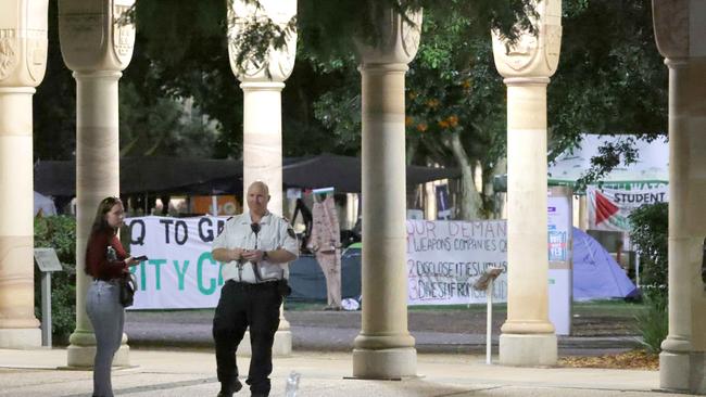 Security stop people entering the great court as a Bomb Threat on the same evening as the vote for Palestine vote, UQ St Lucia, on Wednesday 29th May 2024 - Photo Steve Pohlner