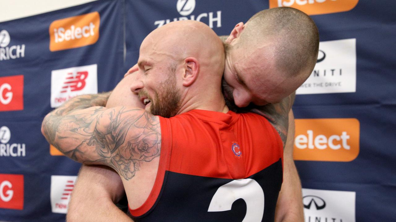 Max Gawn and Nathan Jones of the Demons after beating the West Coast Eagles and sealing a finals berth.