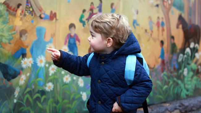 The little prince rugged up in a quilted jacket from department store John Lewis when he started nursery school in 2016. Picture: AFP