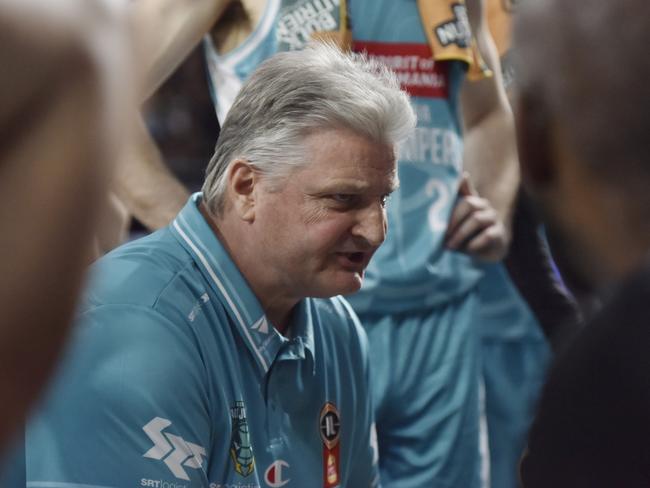 HOBART, AUSTRALIA - FEBRUARY 08: Scott Roth, Head Coach of the Jackjumpers speaks to his team during a timeout during the round 20 NBL match between Tasmania Jackjumpers and Cairns Taipans at MyState Bank Arena, on February 08, 2025, in Hobart, Australia. (Photo by Simon Sturzaker/Getty Images)