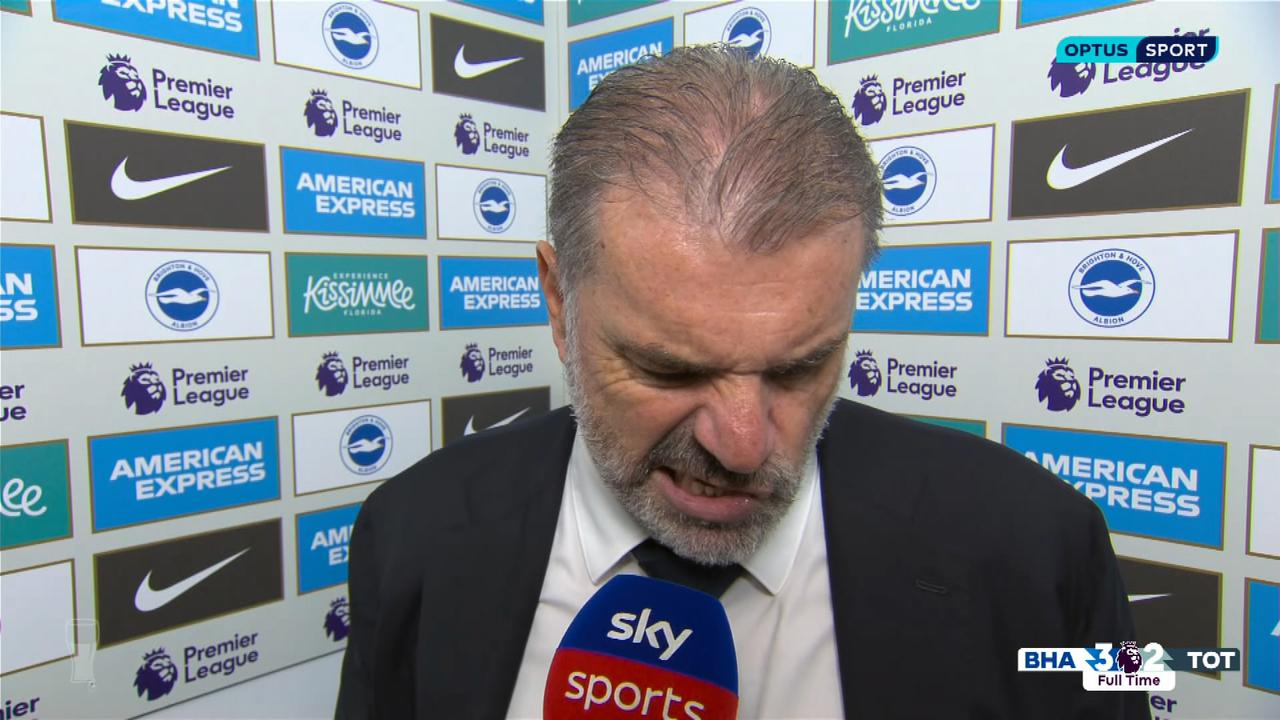 Tottenham manager Ange Postecoglou shows his disgust in his post-match interview after Spurs 3-2 loss to Brighton.