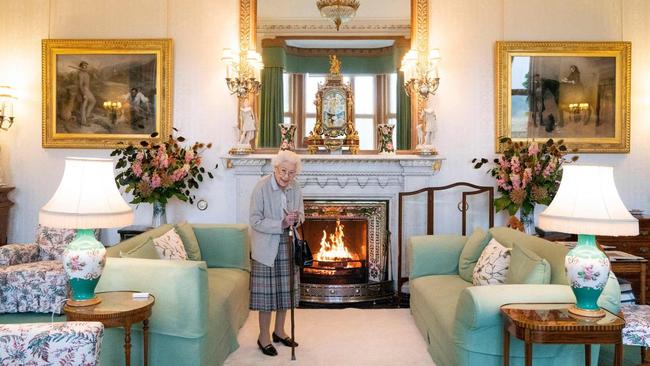 The Queen looked frail as she performed her last significant royal duty on Tuesday when she received outgoing prime minister Boris Johnson and his successor, Liz Truss, at Balmoral. Picture: Jane Barlow/POOL/AFP VIA Getty Images/The Times