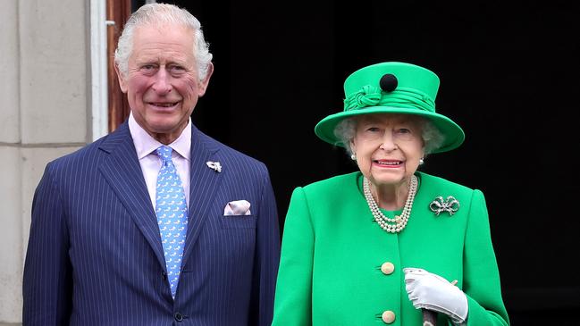 Prince Charles and Queen Elizabeth II on the balcony of Buckingham Palace during the Platinum Jubilee Pageant in London. Picture: Getty Images