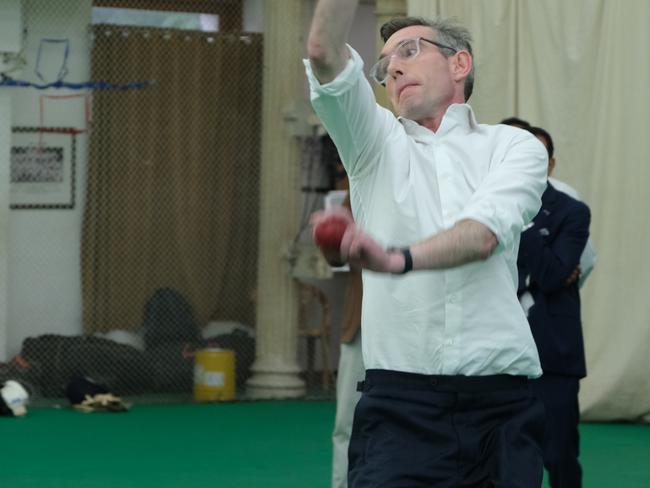 Premier Dominic Perrottet and Trade Minister Stuart Ayres in the nets at cricket practice at the Mumbai Cricket Association. Picture: James O'Doherty / The Daily Telegraph.