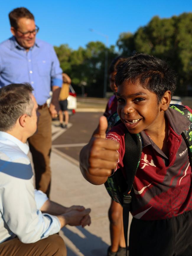 Education Minister Jason Clare, seen left at a school visit, encourages all teachers and eligible students to "have a crack" at this year's Bee. Picture: supplied