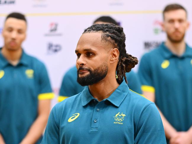 MELBOURNE, AUSTRALIA - JULY 07: Patty Mills speaks to media during the Australian 2024 Paris Olympic Games Basketball Squad Announcement at MSAC Arena on July 07, 2024 in Melbourne, Australia. (Photo by Morgan Hancock/Getty Images)