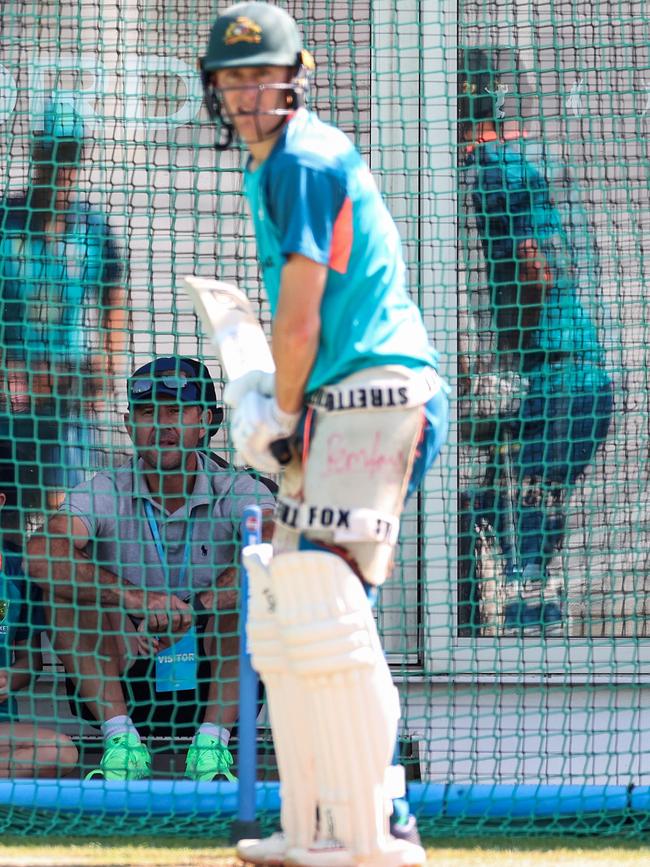 Ricky Ponting (L) watches Marnus Labuschagne bat during a nets session at Lord's. Picture: Ryan Pierse/Getty Images