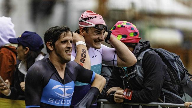 Athletes return from the swimming leg of the Ironman 70.3 Tasmania in Hobart on Sunday 4th February. Picture: Linda Higginson