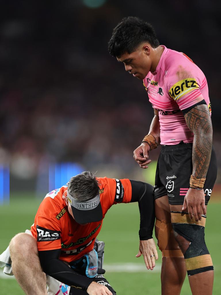 Brian To'o battled a knee injury during the grand final. Picture: Cameron Spencer/Getty Images