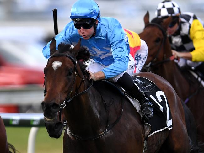 Jockey Tommy Berry (centre) rides Prompt Response to win race 4, the Dane Ripper Stakes, during Stradbroke Day at Doomben racecourse in Brisbane, Saturday, June 10, 2017. (AAP Image/Dan Peled) NO ARCHIVING, EDITORIAL USE ONLY