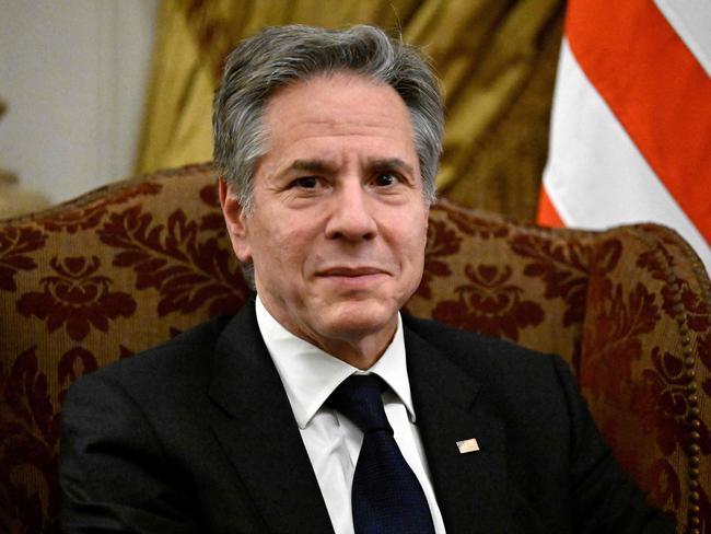 US Foreign Secretary Anthony Blinken sits during a meeting with Egypt's Foreign Minister Sameh Shoukry at the Tahrir Palace in Cairo, on March 21, 2024. (Photo by Khaled DESOUKI / AFP)