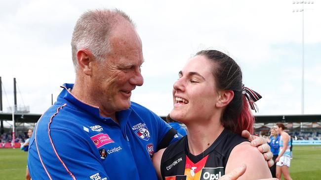 Nathan Burke with his daughter Alice, who plays for the Saints. Picture: Getty Images