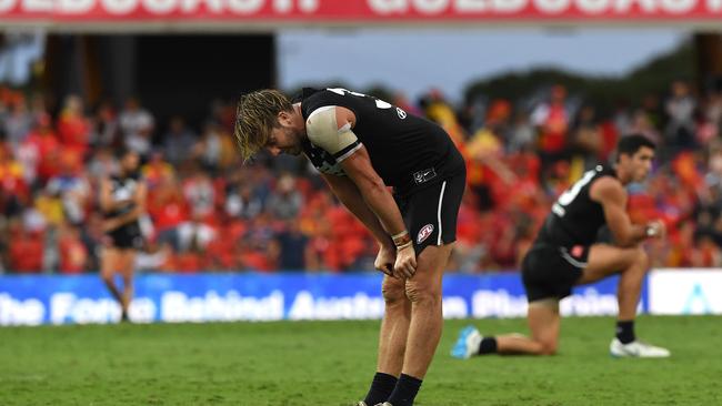 Dale Thomas reacts after Jack Bowes’ goal late in the last quarter. Picture: AAP Image/Dave Hunt. 