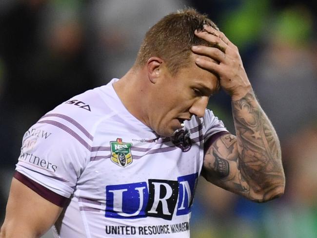 Trent Hodkinson of the Sea Eagles reacts as he walks off the pitch during the Round 12 NRL match between the Canberra Raiders and the Manly-Warringah Sea Eagles at GIO Stadium in Canberra, Friday, May 25, 2018. (AAP Image/Lukas Coch) NO ARCHIVING, EDITORIAL USE ONLY