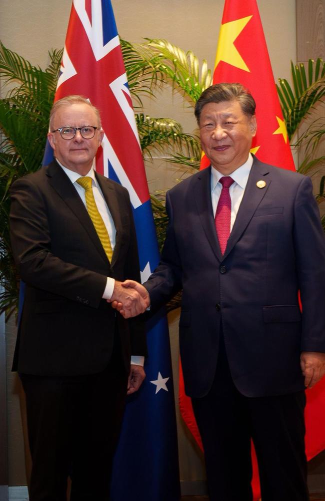 Prime Minister Anthony Albanese and Chinese President Xi Jinping in November. ‘China’ was mentioned more than a dozen times in the government’s latest National Defence Strategy paper. Picture: PMO