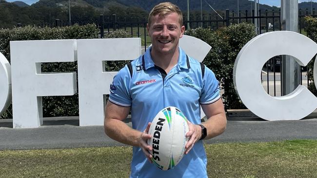 NRL player Lachlan Miller in Coffs Harbour after the NSW government announced the Cronulla Sharks will play another home game at the Ce.x Stadium in front of 10,000 fans in 2023. Picture: Matt Gazy