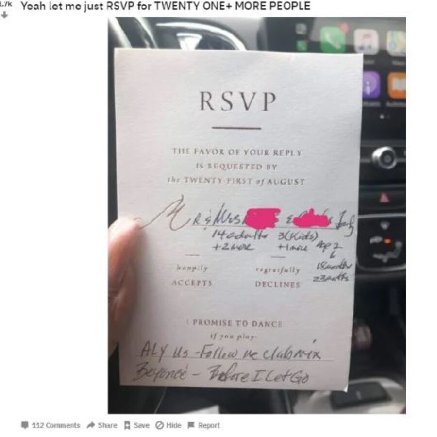 And back in August a bride uploaded this RSVP to Reddit of her guest demanding seats for 21 people.