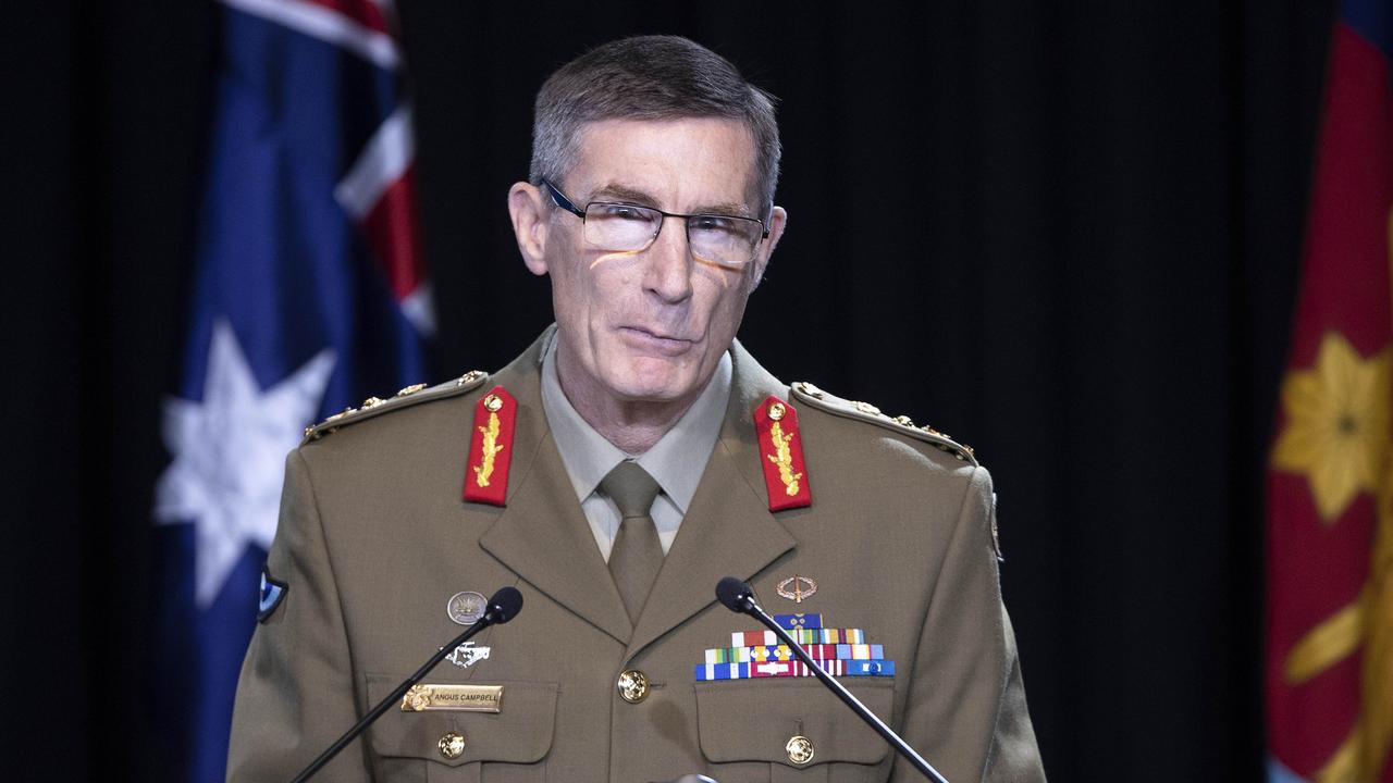 Chief of the Defence Force General Angus Campbell talking to media on the Afghanistan War Crimes report at Defence Headquarters in Canberra. Picture: NCA NewsWire /Gary Ramage