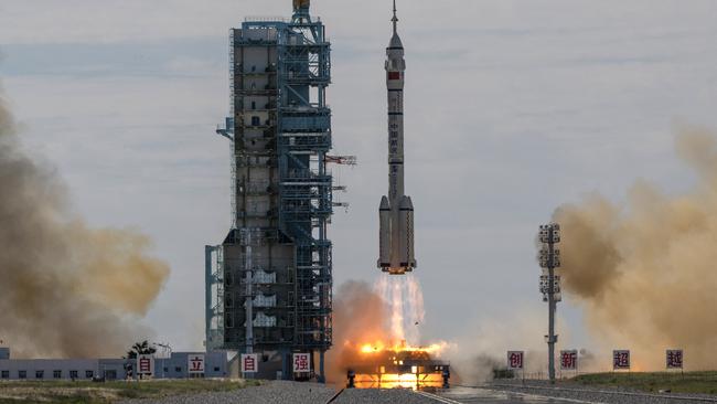 The Shenzhou-12 spacecraft launches in June with three Chinese astronauts onboard at the Jiuquan Satellite Launch Centre in Jiuquan, Gansu province, China. Picture: Getty Images