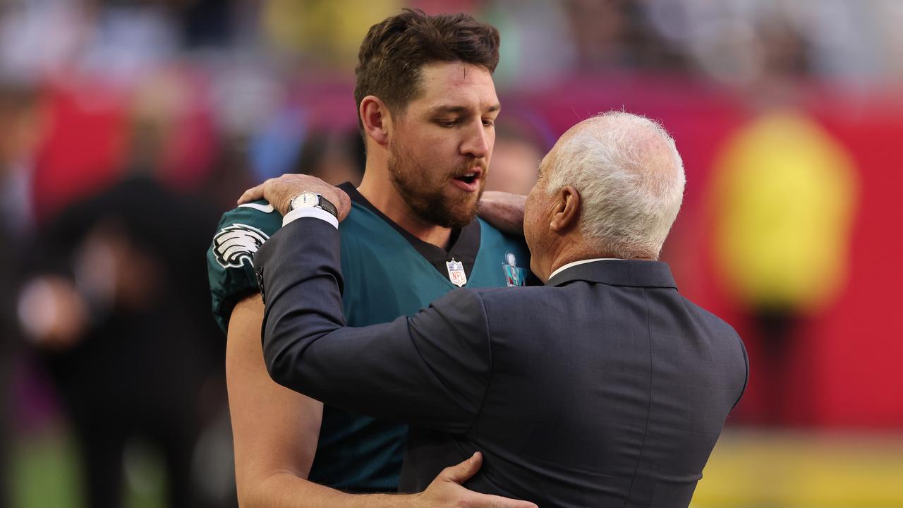 Arryn Siposs is consoled by and Philadelphia Eagles owner Jeffrey Lurie. Picture: Gregory Shamus/Getty Images