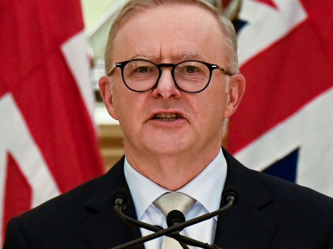 Australia's Prime Minister Anthony Albanese speaks next to Indian Prime Minister Narendra Modi (not pictured) during a joint media briefing at Hyderabad House, in New Delhi on March 10, 2023. (Photo by Money SHARMA / AFP)