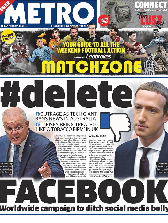 The Metro page taking aim at Facebook.