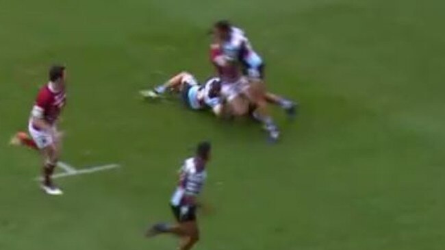 Cronulla Sharks Jesse Ramien hits Wigan's Oliver Gildart late.