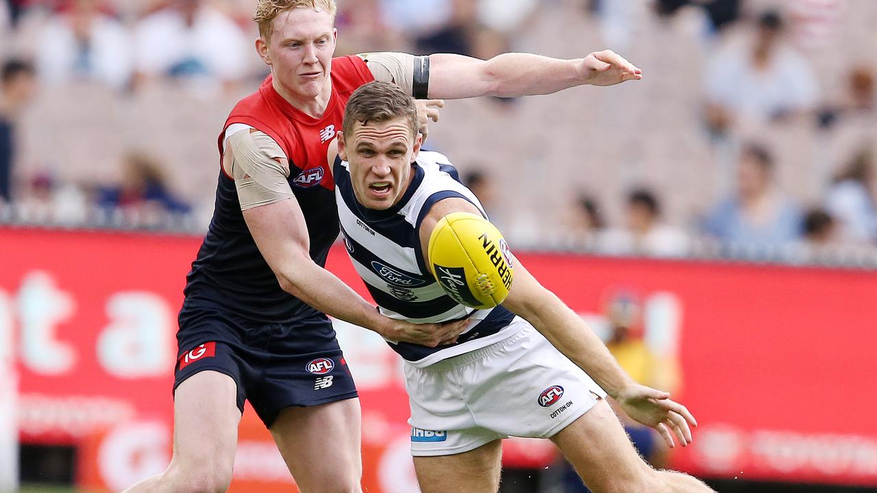 Geelong will need Joel Selwood’s grunt work in at the centre bounce, not on the wing. Picture: Michael Klein