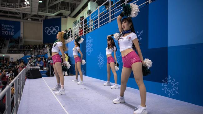 South Korean cheerleaders perform during the women's preliminary ice hockey. Picture: AFP