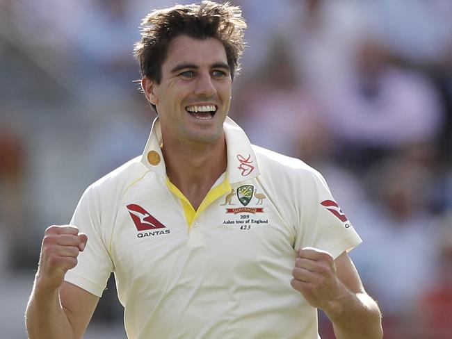 LONDON, ENGLAND - AUGUST 15: Pat Cummins of Australia celebrates after taking the wicket of Chris Woakes of England  during day two of the 2nd Specsavers Ashes Test between England and Australia at Lord's Cricket Ground on August 15, 2019 in London, England. (Photo by Ryan Pierse/Getty Images)