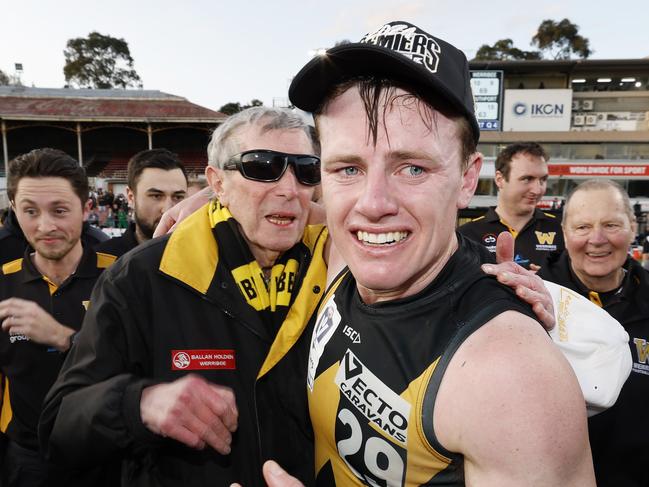 An emotional Dom Brew after Werribee’s grand final victory over Southport. Photo: Michael Klein