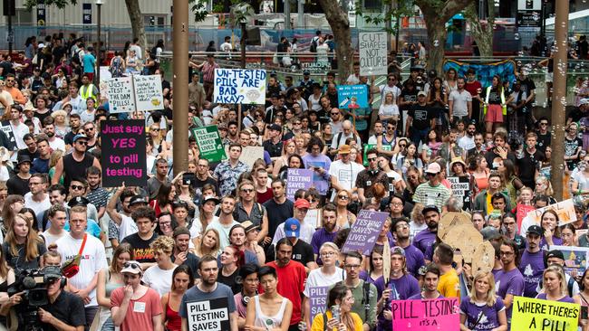 Protesters in Sydney marched in support of pill testing. Picture: AAP