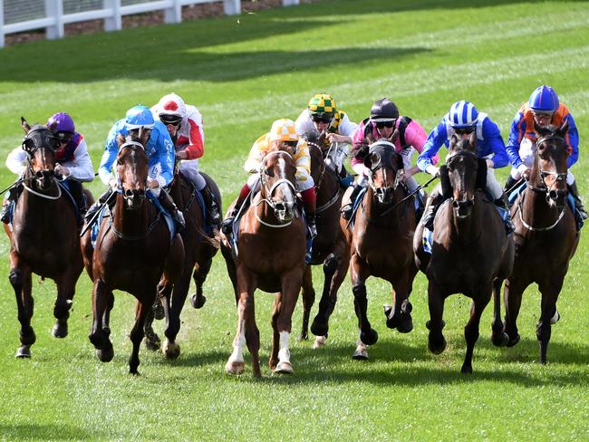 Dwayne Dunn pilots eventual winner Grand Dreamer (second left) around the final bend. Picture: Getty Images