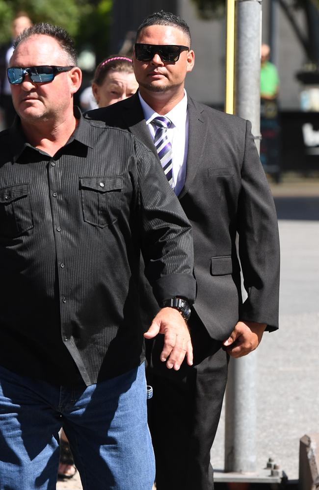 Liam Rawhiti Bliss (right) leaves the Supreme Court in Brisbane, Friday, February 9, 2018. Bliss and Clinton Lee Earl Stockman have pleaded guilty to the manslaughter of Gold Coast father Greg Dufty in 2015. (AAP Image/Dan Peled)