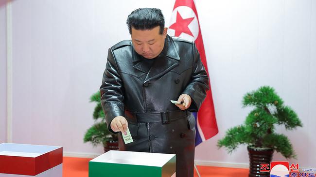 North Korea's leader Kim Jong Un voting in the election of delegates to the People's Assembly of the province (municipality) and the district, at a polling station at the Yongseong Machinery Union Enterprise in South Hamgyong Province last year. Picture: North Korea’s official Korean Central News Agency via KNS/AFP