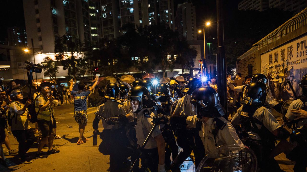 Protesters stand off with the police in Hong Kong, continuing weekly rallies on the streets against a controversial extradition bill. Picture: Getty Images