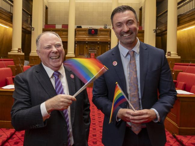 First and only two openly gay MPs in state parliament Ian Hunter (Labor MP) and Robert Simms (Greens MP)  on the Senate floor.13th May 2025 Picture: Brett Hartwig