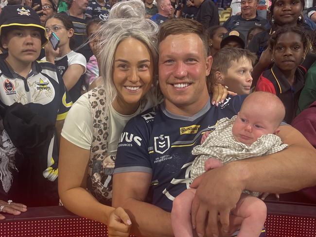 North Queensland Cowboys player Reuben Cotter, wife Mackenzie and baby Sunny.