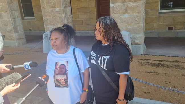 Tiffany Woodley's aunt Rosalie Pickett (left) speaking outside Stirling Gardens Magistrates Court on Wednesday. Picture: NCA NewsWire / Anthony Anderson