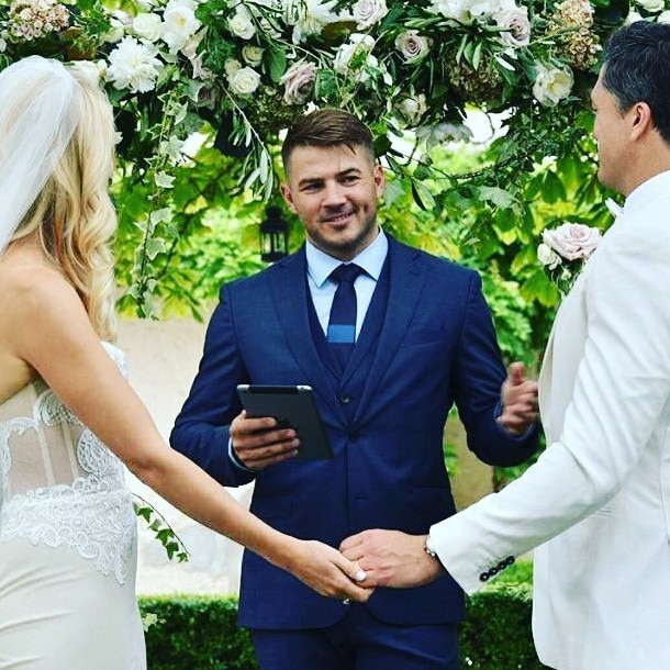 Happily ever after … Mitchell was marriage celebrant at his former teammate Adam Ashley-Cooper’s wedding to Anna Scrimshaw. Picture: Instagram