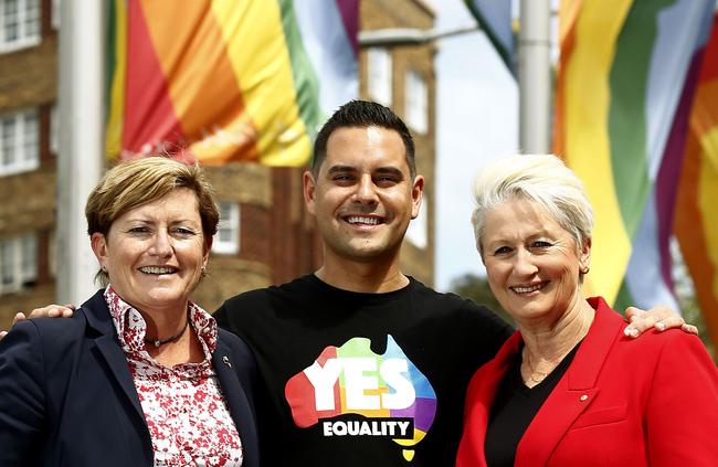 Christine Forster, Alex Greenwich and Kerryn Phelps in Taylor Square. All have differing political beliefs but are united on Marriage equality. Picture: John Appleyard