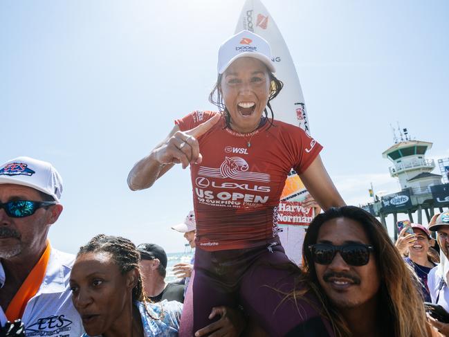 HUNTINGTON BEACH, CALIFORNIA - AUGUST 11: Sally Fitzgibbons of Australia after winning the Final at the Lexus US Open of Surfing on August 11, 2024 at Huntington Beach, California. (Photo by Emma Sharon/World Surf League)