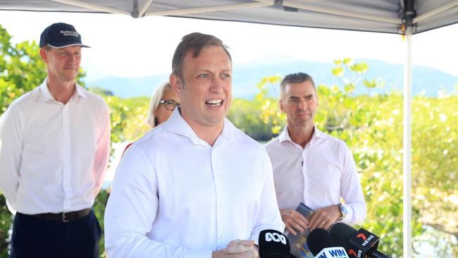 The Queensland Government has committed $150 million for the Cairns Marine Precinct should it win government at the federal election on Saturday, matching the federal Labor Party's $150 million already committed. Deputy Premier Steven Miles makes the announcement at the Cairns Port with Minister Transport and Main Roads Mark Bailey and Advance Cairns CEO Nick Trompf. Picture: Brendan Radke