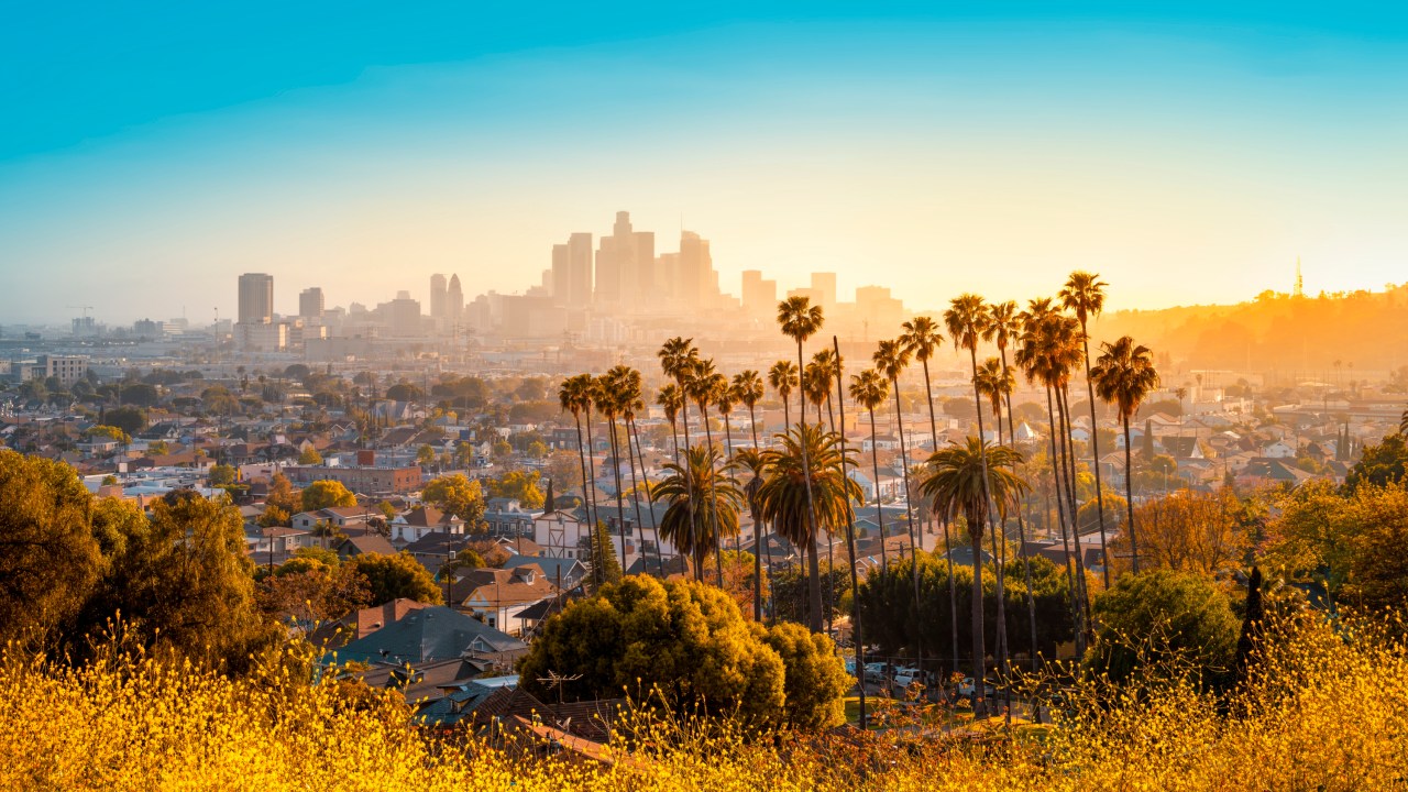 The Los Angeles skyline at sunset.