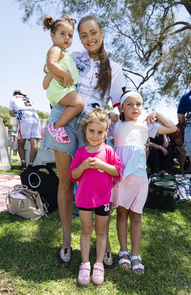 At the Warriors Reconciliation Carnival are (from left) Kolbee Ryan, Monique Cole, Gracie Ryall (front) and Ashara Peterson supporting the Maranoa Murrdies at Jack Martin Centre, Saturday, January 25, 2025. Picture: Kevin Farmer