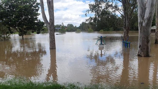 The two off-leash dog parks and some exercise equipment underwater at the front of Alexander Clark Park, Loganholme about lunchtime on Tuesday. Picture: Supplied