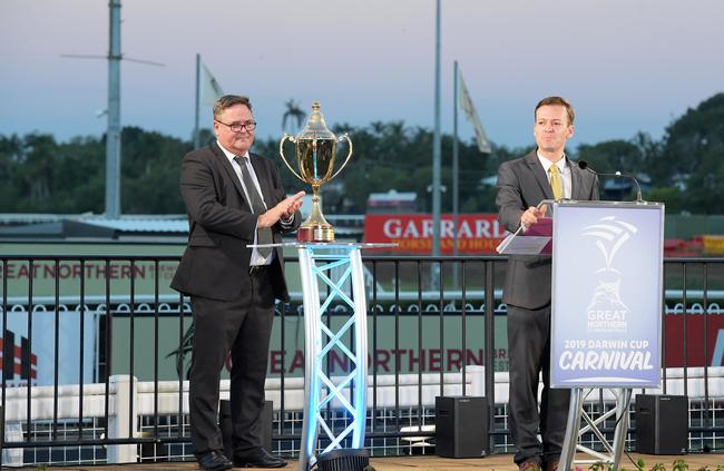 Darwin Turf Club chairman Brett Dixon at the launch of the 2019 Darwin Cup Carnival, and the announcement of the grandstand funding, with MC Rick Knight. Picture: KERI MEGELUS